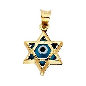 14K Yellow Gold  Evil Eye blue Jewish Star Pendant one pc only